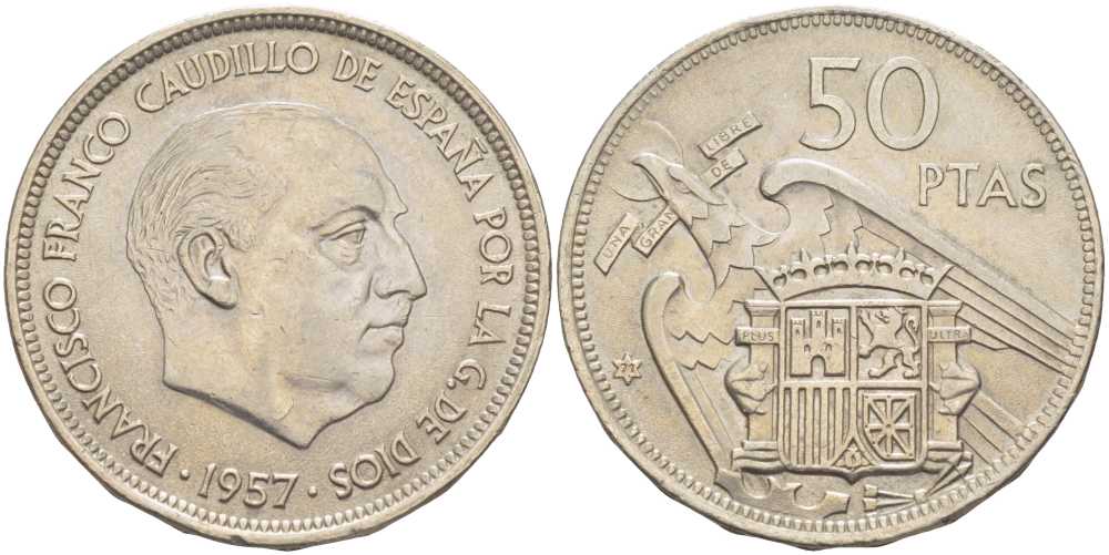 Испания 50 песет 1957 (71) Франциско Франко (1939-1975) KM 788 медно-никель 3334-331