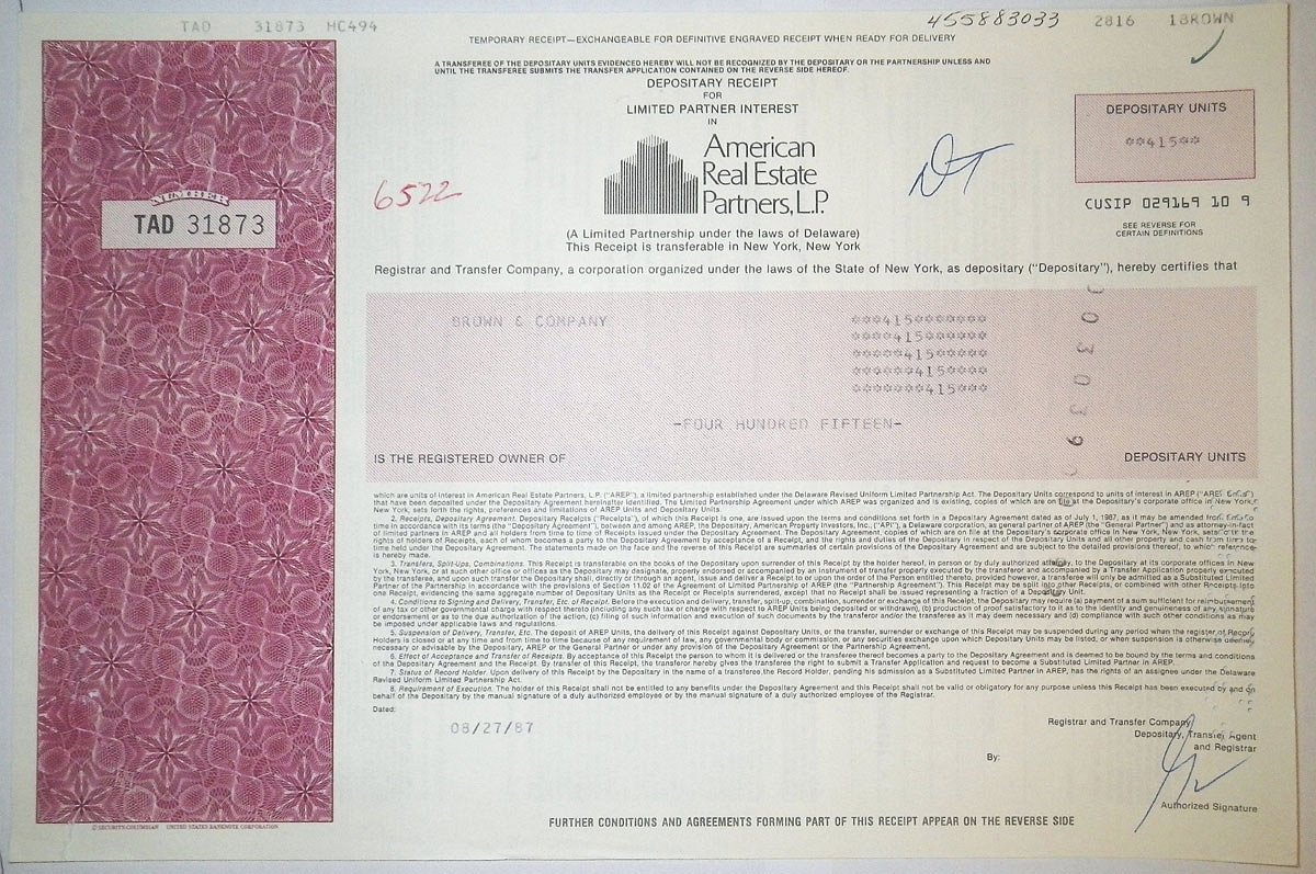 США, American Real Estate Partners (AREP), L.P. 415 акций 1987 бумага 8805-63-1