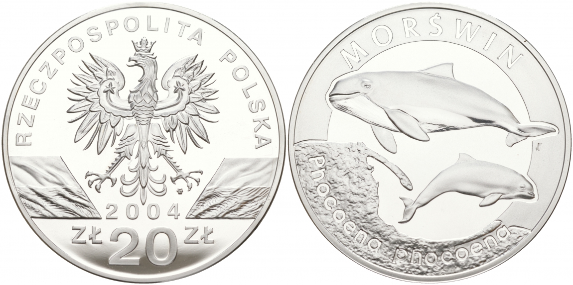 Польша 20 злотых 2004 MW, серия сохраним наш мир, морские свиньи KM 515 серебро PROOF 1091-2-33
