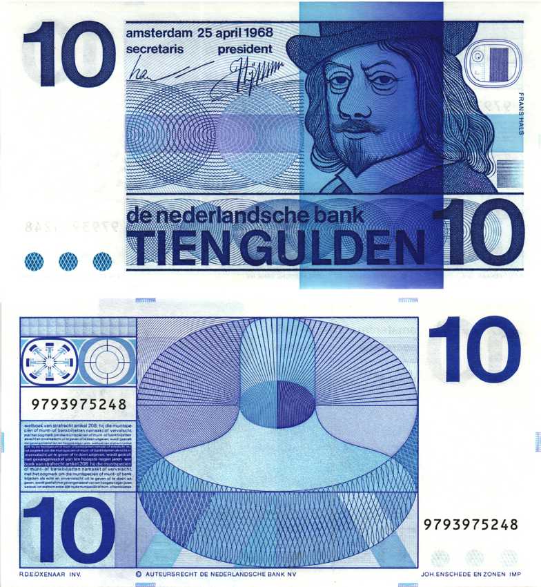 НИДЕРЛАНДЫ 10 ГУЛЬДЕНОВ 1968 24 АПРЕЛЯ 1968, ХУДОЖНИК ФРАНС ХАЛС Pick 91а бумага UNC (ПРЕСС) 8592-49-3-1