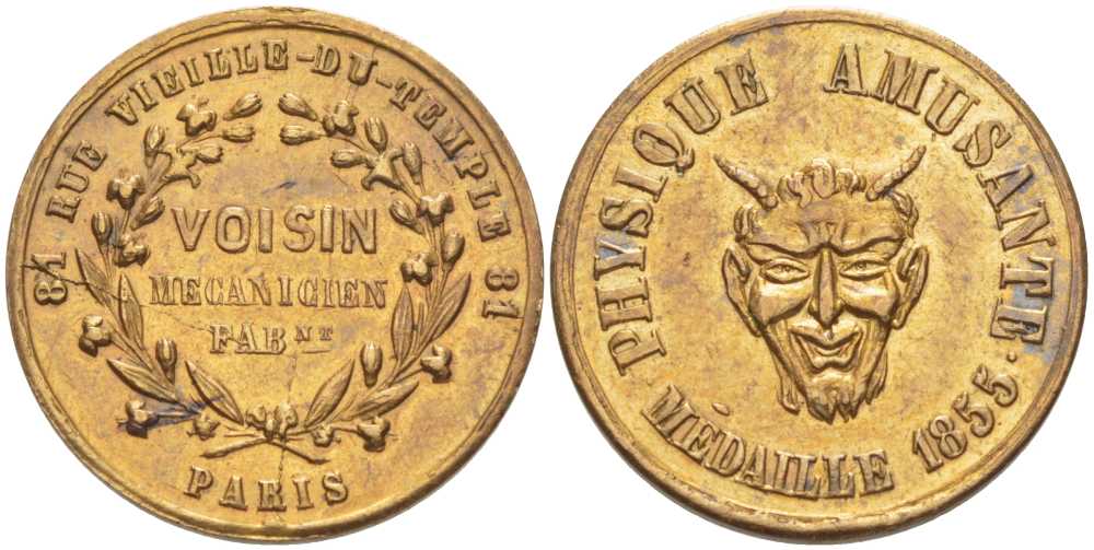 Франция жетон 1855 PARIS, VOISIN MECANICIEN FAB., 81 RUE VIEILLE-DU-TEMPLE 81, PHYSIQUE AMUSANTE, MEDAILLE 1855      210-135
