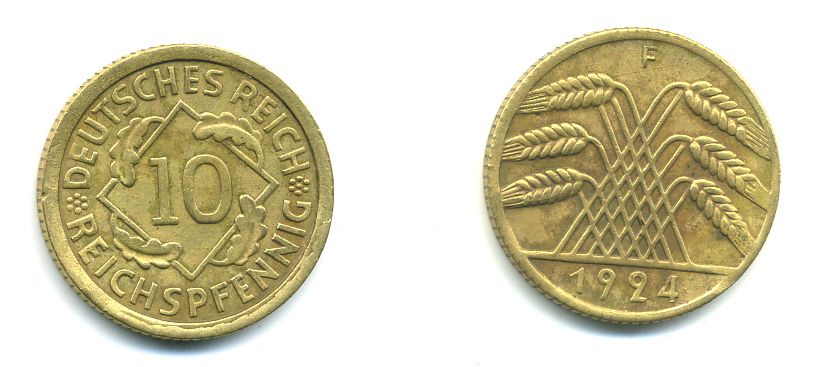 ГЕРМАНИЯ 10 РЕЙХСПФЕННИГОВ 1924 F KM 40, J. 317, Weege 9 алюминиевая бронза 46-1415