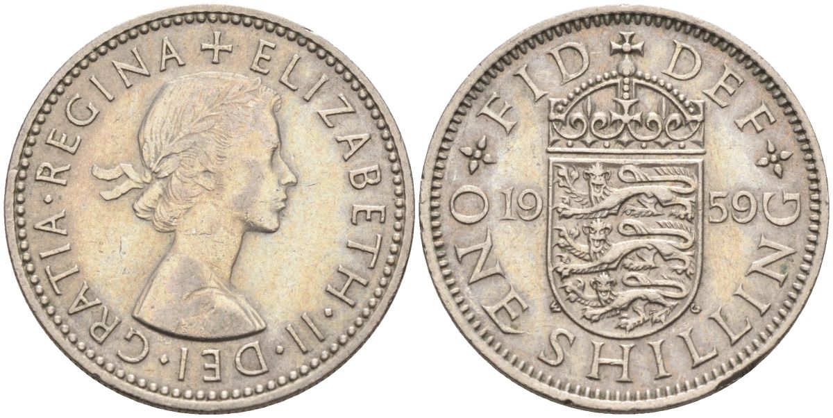 Великобритания 1 шиллинг 1959 Елизавета II (1952-2022), Английский герб KM 904, Spink 4147 медно-никель 4116-837