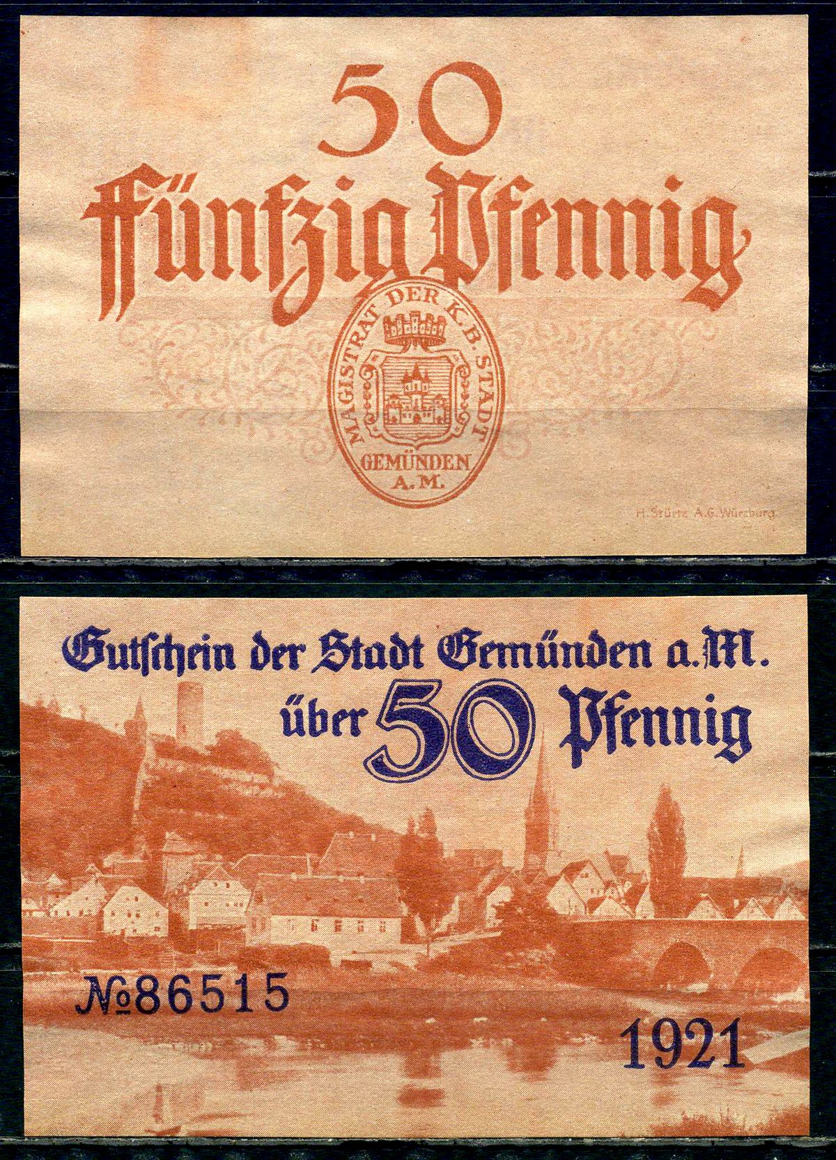 Гемюнден-на-Майне (Бавария) 50 пфеннигов 1921 бумага UNC (пресс) 7555-51-4-2