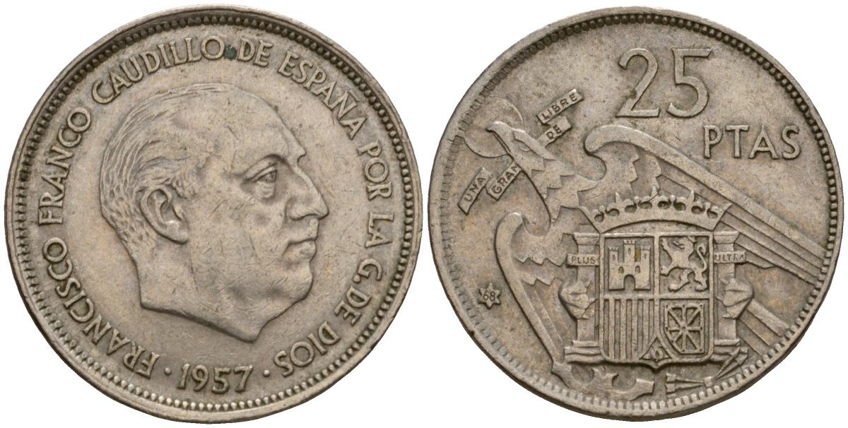 Испания 25 песет 1957 (68) KM 787 медно-никель 92-727