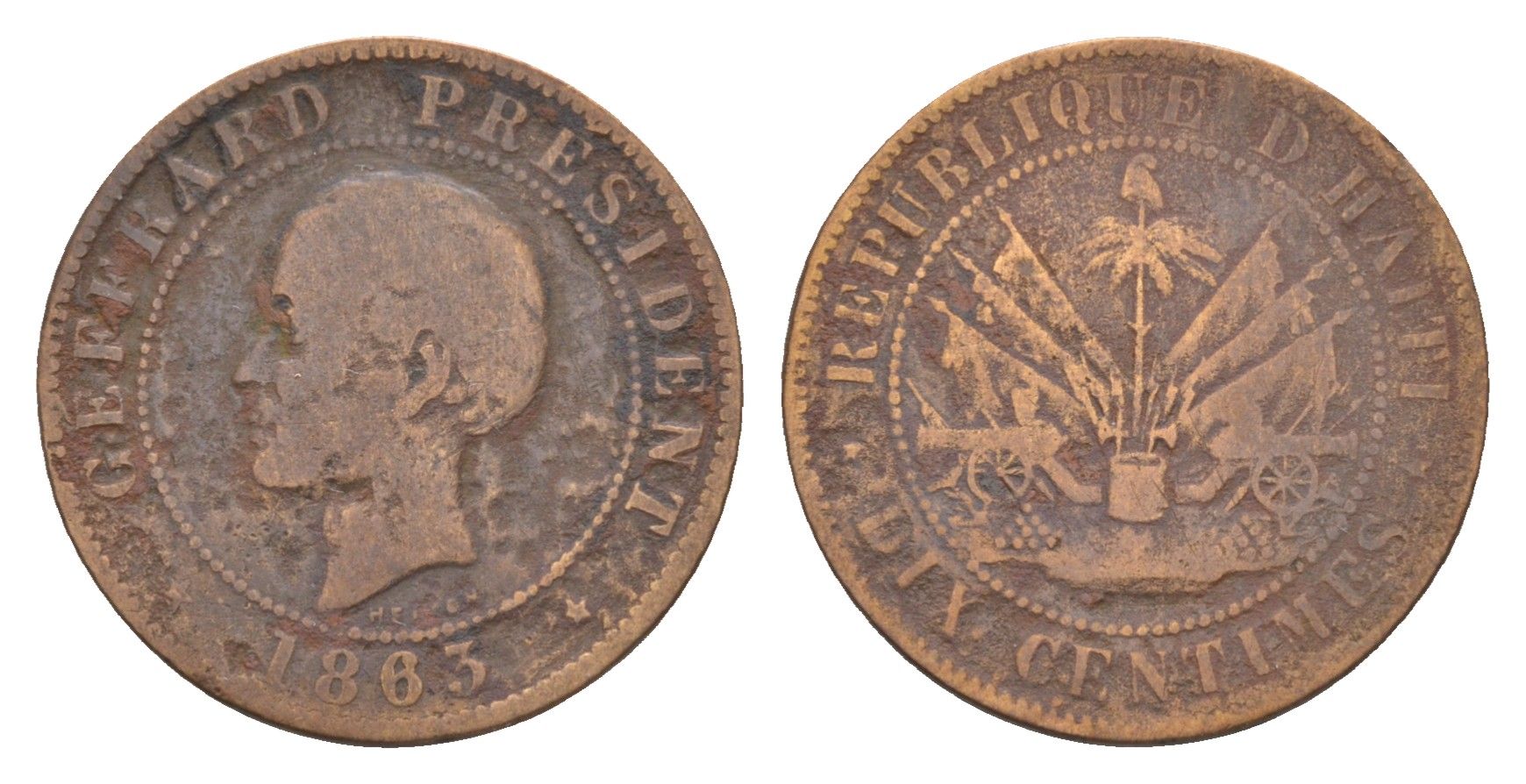 Гаити 10 сантимов 1863 год-тип, Heaton, Президент Фабр Жеффрар KM 40 бронза 4655-459