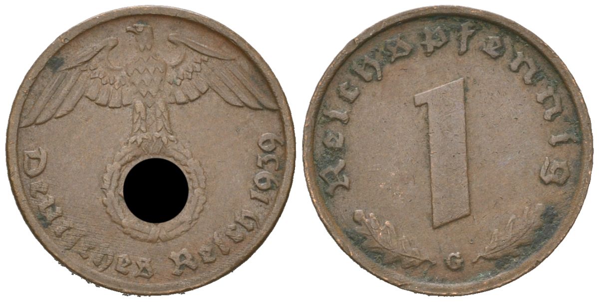 Германия 1 рейхспфенниг 1939 G KM 89, J. 361 бронза 3955-1141