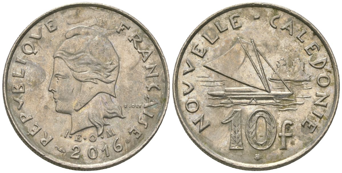 Французская Новая Каледония 10 франков 2016 рыбачья парусная лодка, (IEOM) KM 11a, Schoen 13a, Lec 99k медно-никель 68-257
