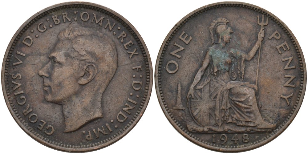 Великобритания 1 пенни 1948 Георг VI (1936-1952) KM 845, Spink 4114 бронза 4574-143