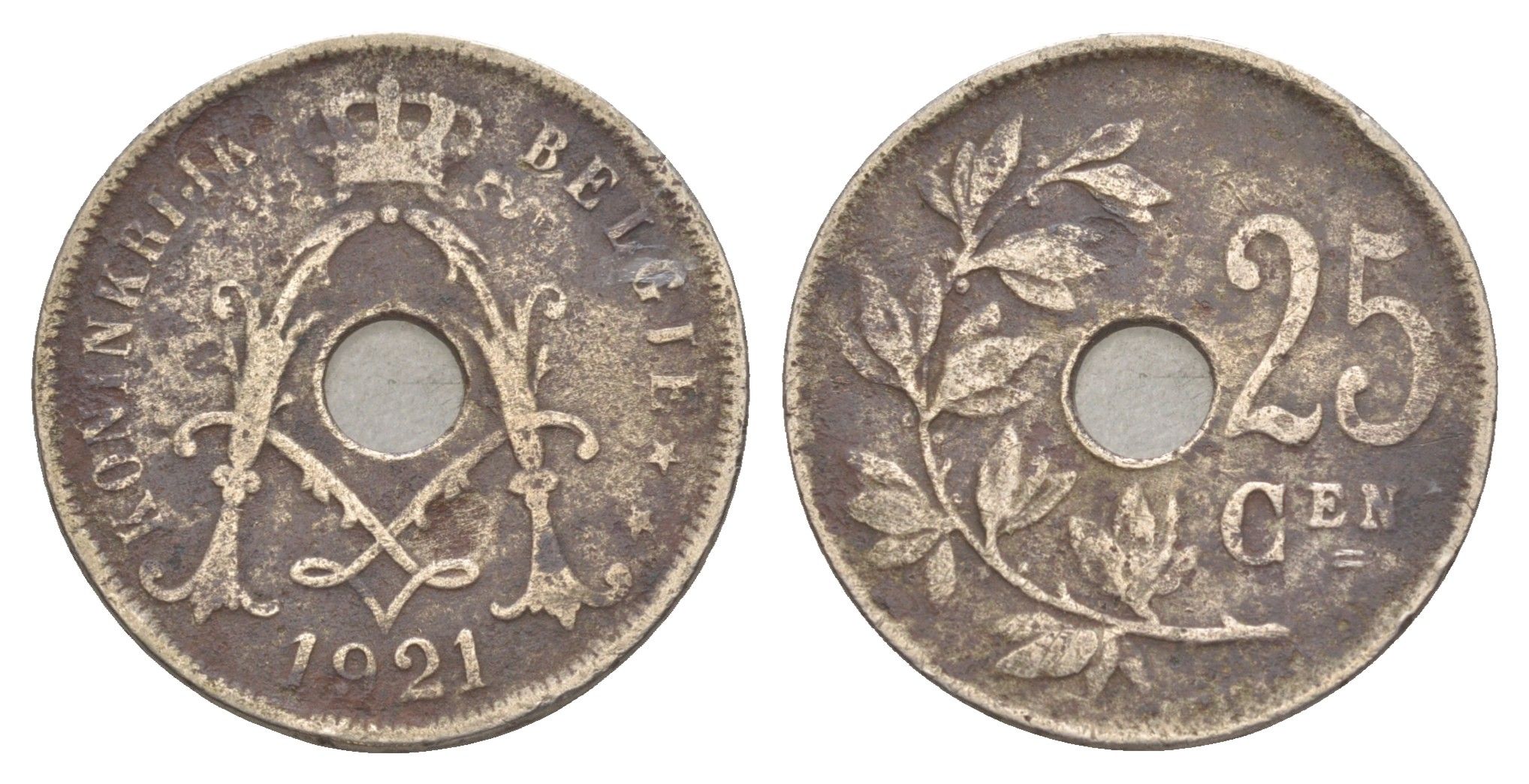 Бельгия 25 сантимов 1921 Belgique KM 68 медно-никель 4650-246