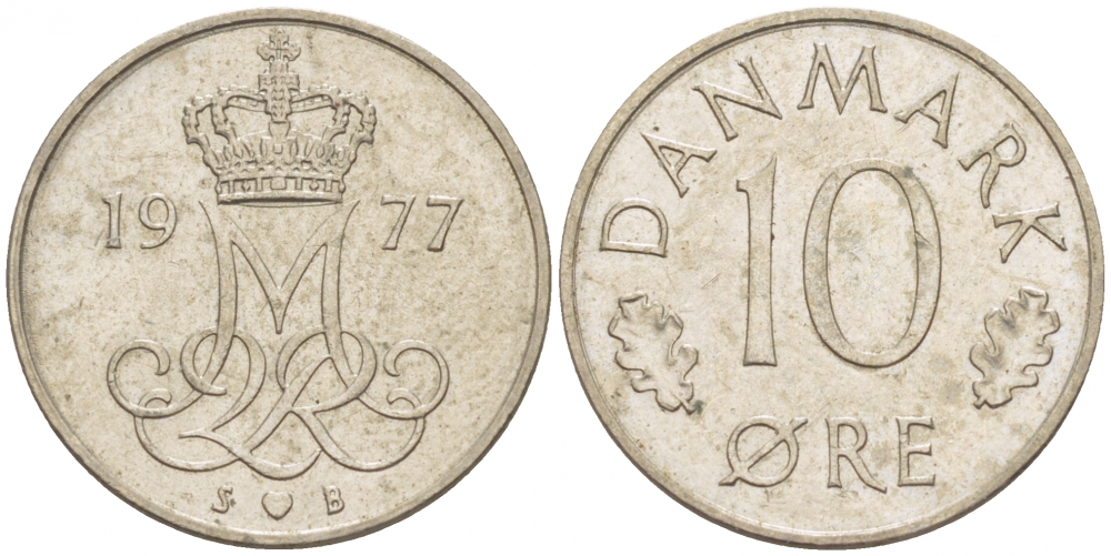 ДАНИЯ 10 ЭРЕ 1977 S; B, МАРГРЕТЕ II (1972-) KM 860.1 медно-никель 3309-165