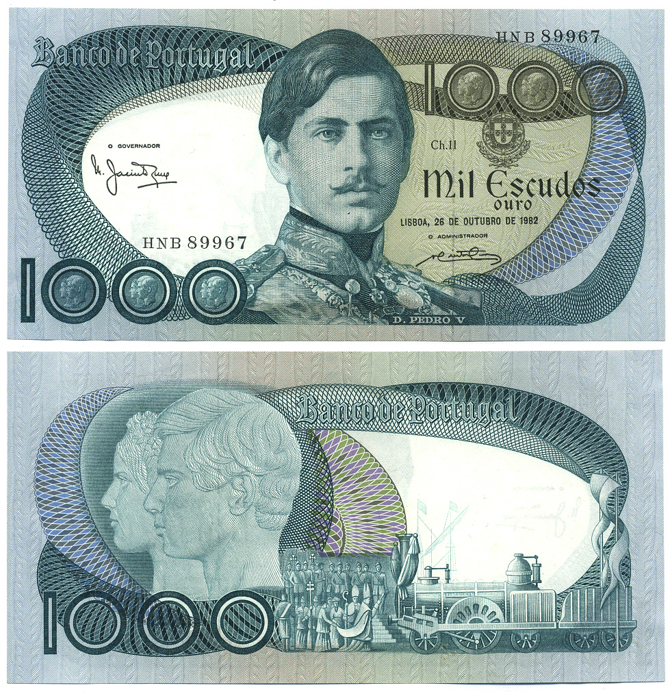ПОРТУГАЛИЯ 1000 ЭСКУДО 1982 26 ОКТЯБРЯ 1982, ПАРОВОЗ, ПЕДРО V Pick 175e бумага aUNC 8564-27-2