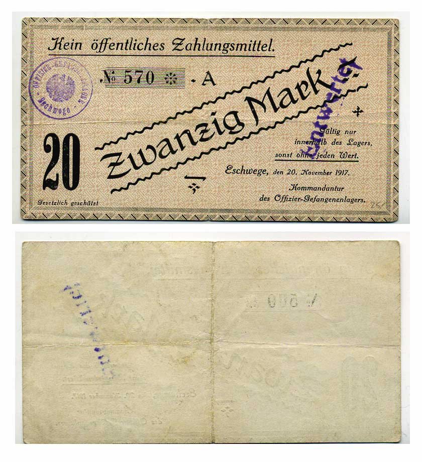 Германия 20 марок 1917 Эшвеге (Гессен), лагерь военнопленных офицеров C-2949 бумага 504-85-3-1