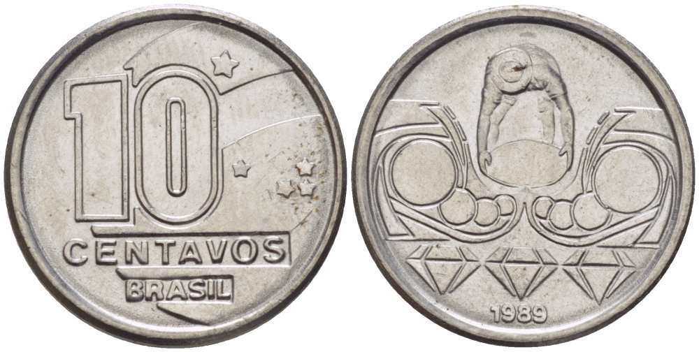 Бразилия 10 сентаво 1989 золотодобыча KM 613 нержавеющая сталь 116-1169