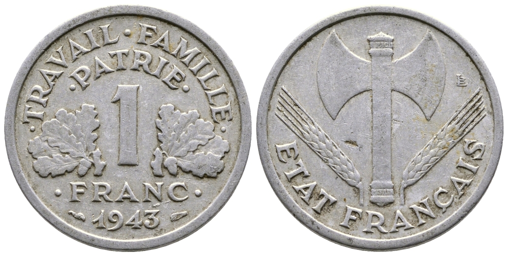 ФРАНЦИЯ 1 ФРАНК 1943 LB, ТИП LEGERE, ПРАВИТЕЛЬСТВО ВИШИ KM 902.1, LE FRANC 223.3 алюминий 80-456