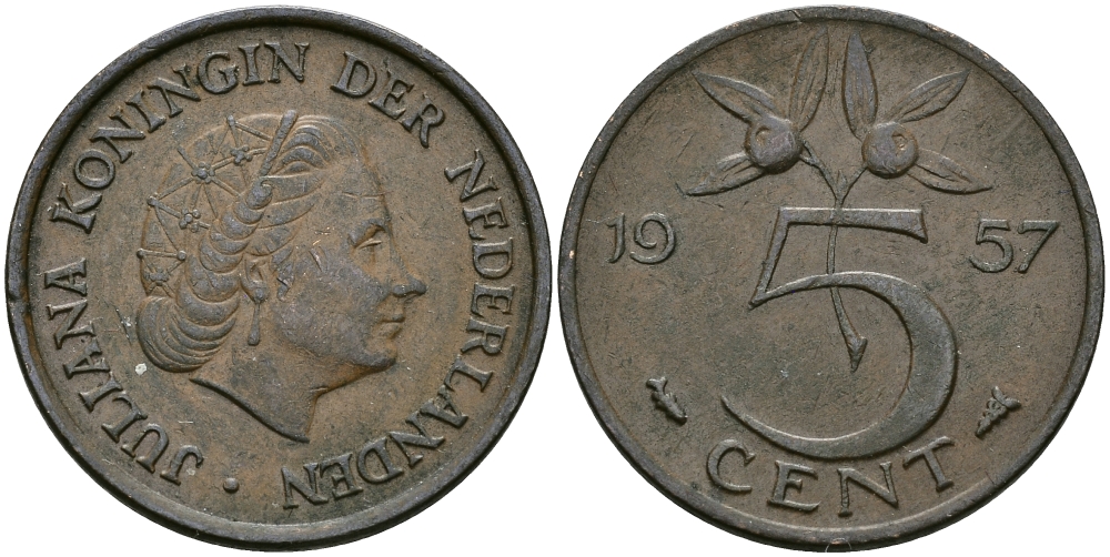 НИДЕРЛАНДЫ 5 ЦЕНТОВ 1957 ЮЛИАНА KM 181 бронза 95-332