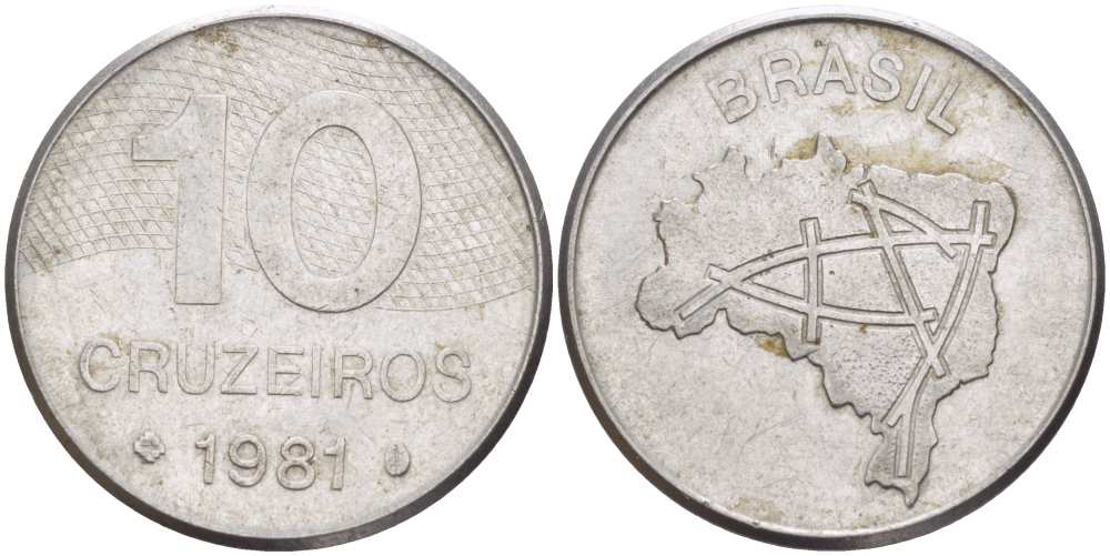 Бразилия 10 крузейро 1981 карта Бразилии KM 592.1 нержавеющая сталь 4388-231