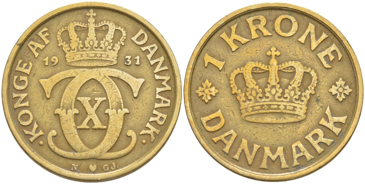 Дания 1 крона 1931 N; GJ, Кристиан X (1912-1947) KM 824.2 алюминиевая бронза 106-731