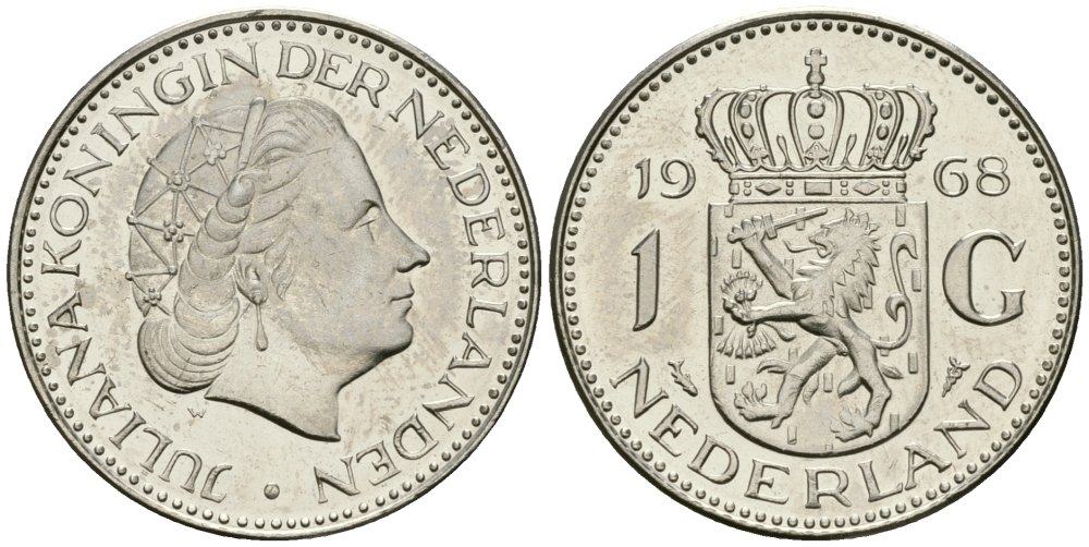 Нидерланды 1 гульден 1968 Юлиана (1948-1980) KM 184a никель UNC 4579-523