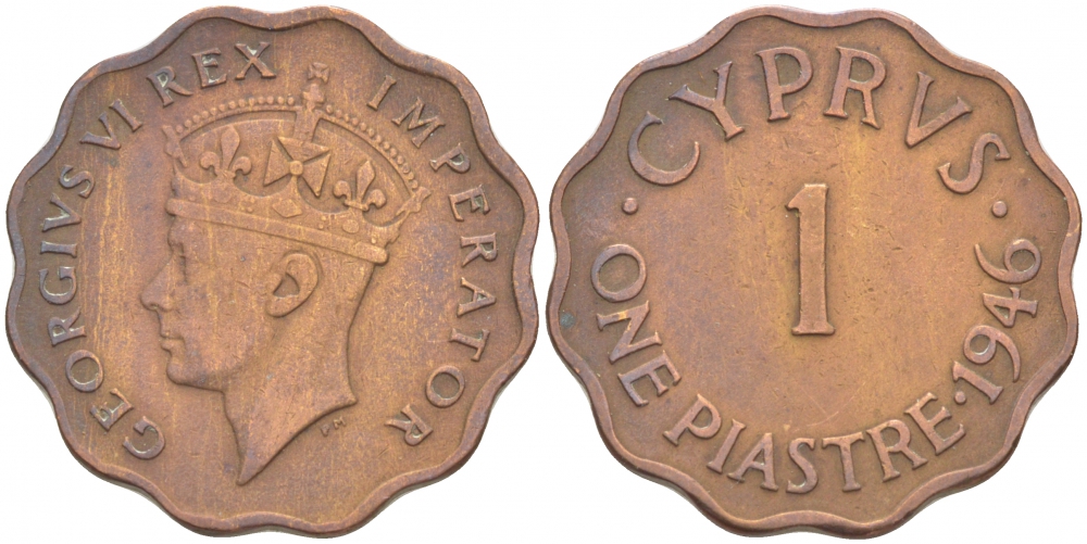 КИПР 1 ПИАСТР 1946 ГЕОРГ VI KM 23a бронза 213-745