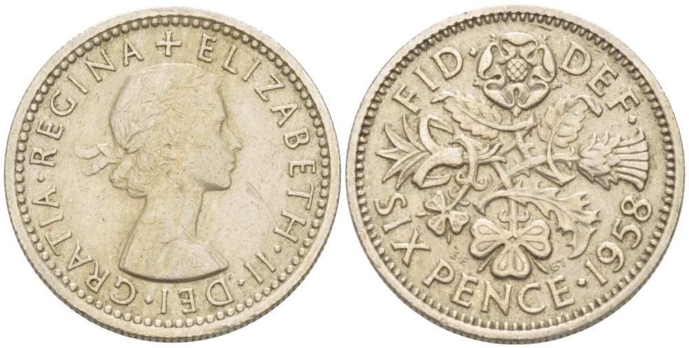 Великобритания 6 пенсов 1958 Елизавета II (1952-2022) KM 903, Spink 4149 медно-никель 218-836