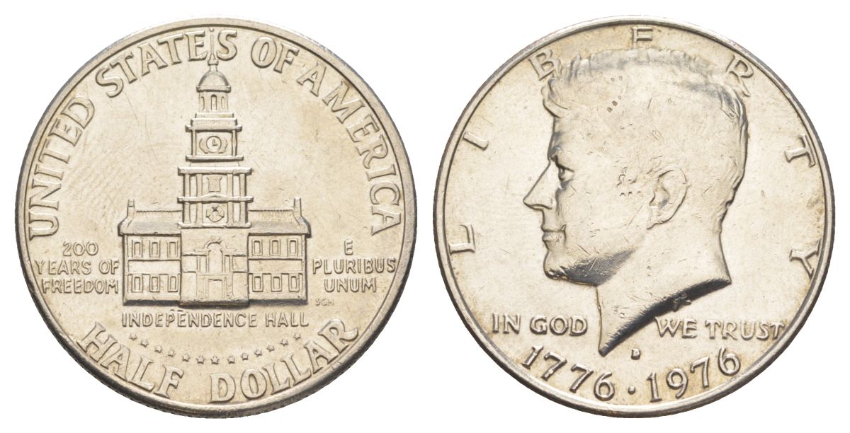 США 1/2 доллара (50 центов) 1976 D, 200 лет независимости, Джон Кеннеди KM 205 медь плакированная медно-никелем aUNC 4545-1014