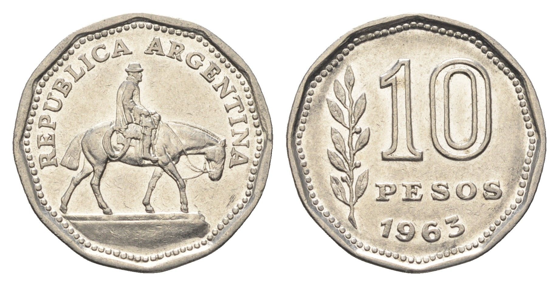 Аргентина 10 песо 1963 Гауч KM 60 сталь плакированная никелем 4663-653