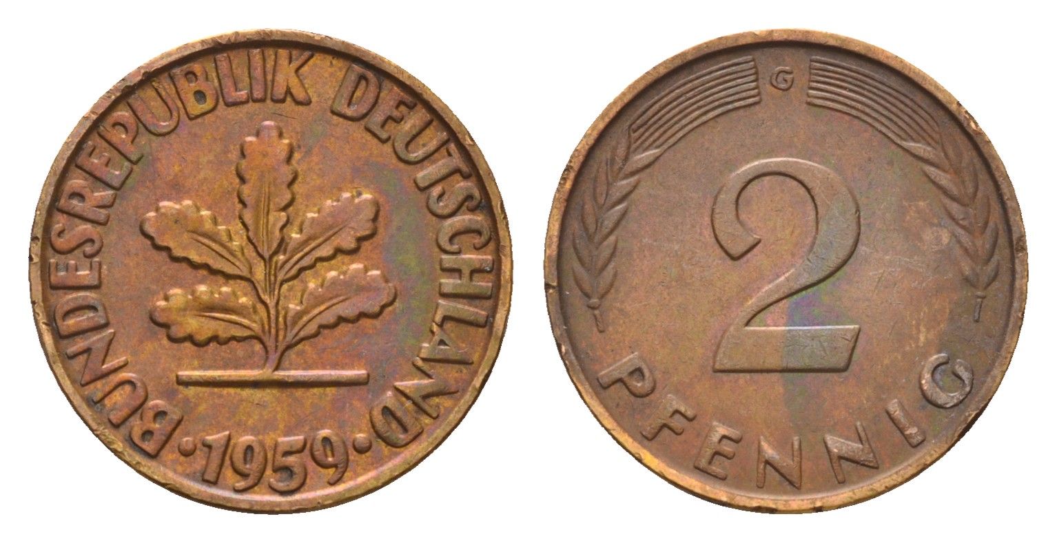 ФРГ 2 пфеннига 1959 G KM 106, J. 381 бронза 4532-651