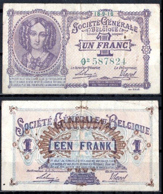 Бельгия 1 франк 1916 Немецкая Оккупация Pick 86 b бумага 8613-15-2-2