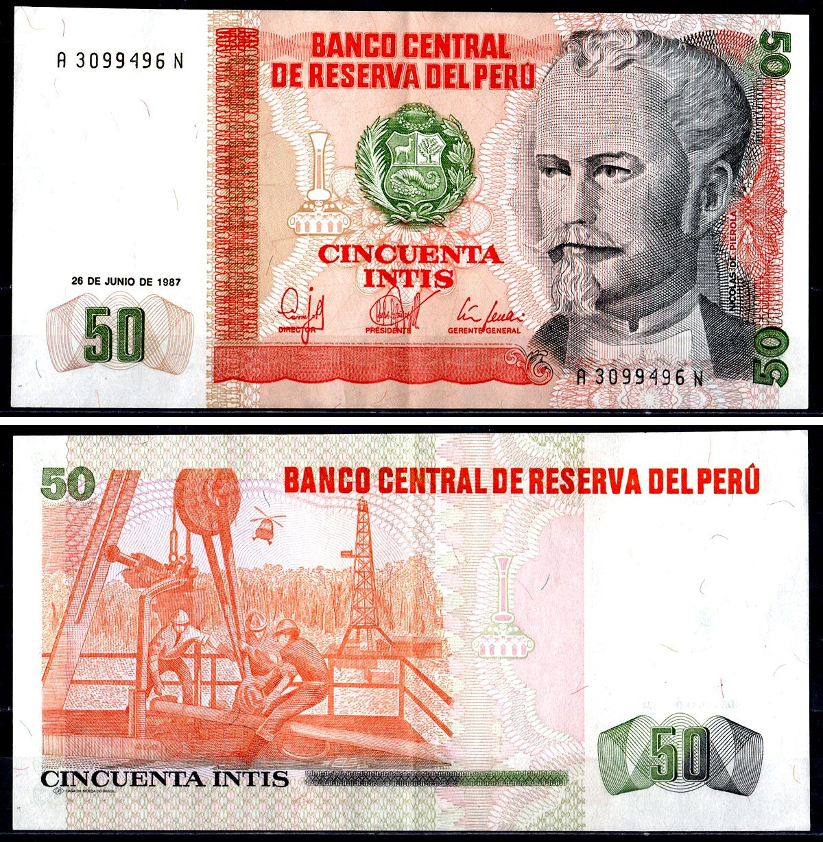 Перу 50 инти 1987 Николас де Пьерола, президент Pick 131 b бумага 3295-12-1-2