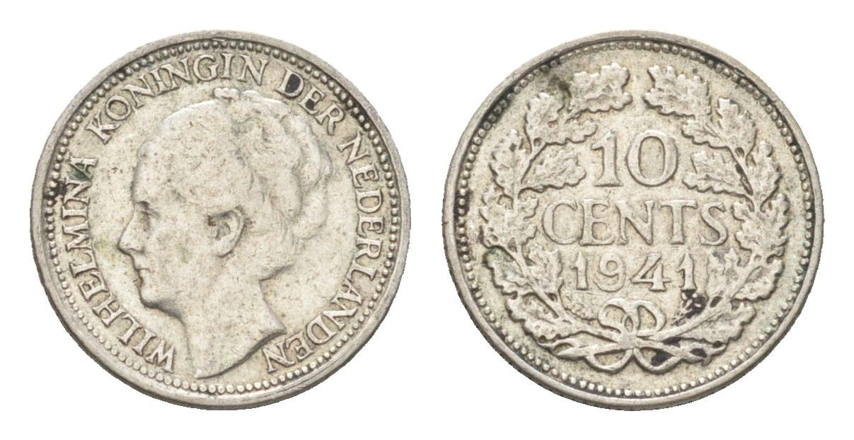 Нидерланды 10 центов 1941 Вильгельмина I (1890-1948) KM 163 серебро 4659-1213