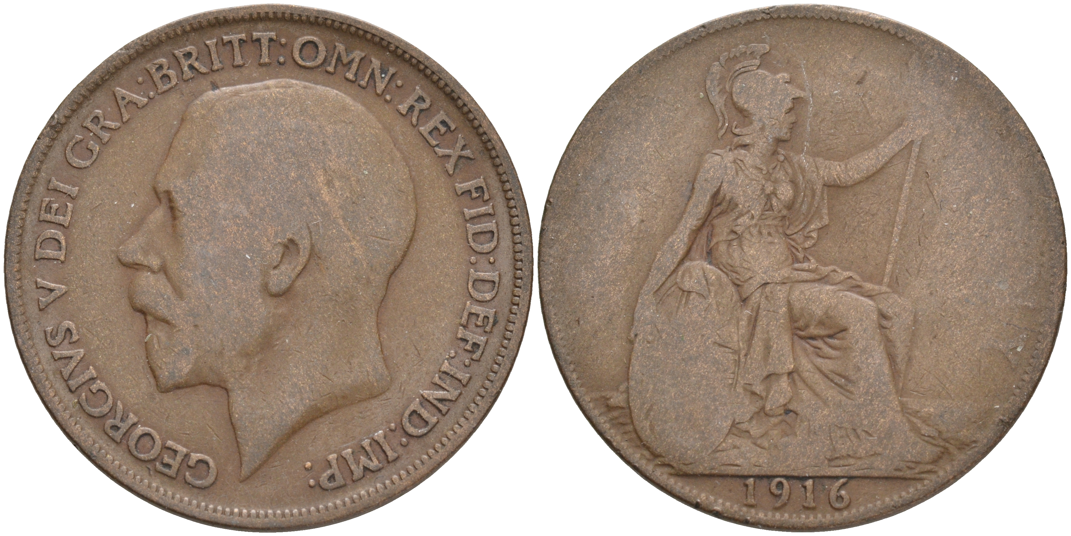 Великобритания 1 пенни 1916 Георг V (1910-1936) КМ 810, Spink 4051 бронза 4557-945