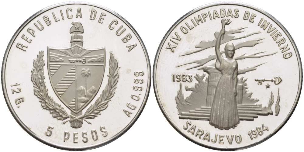 Куба 5 песо 1983 XIV зимние Олимпийские игры в Сараево 1984 года, тираж 5000 экземпляров KM 112 серебро PROOF 1074-10-23
