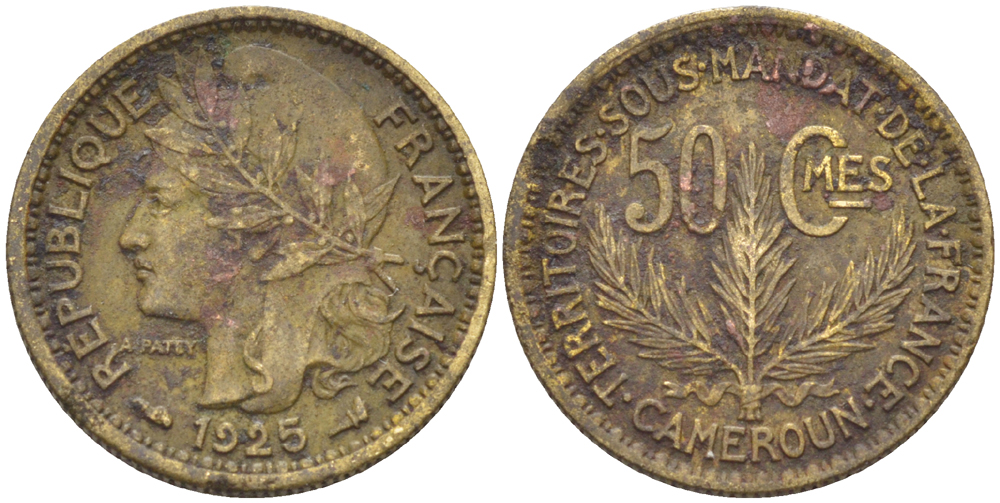 Французский Камерун 50 сантимов 1925 (а), монетный двор Париж KM 1 алюминиевая бронза 4608-952