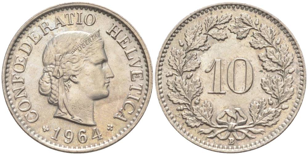 ШВЕЙЦАРИЯ 10 РАППЕНОВ 1964 В KM 27 медно-никель 55-341