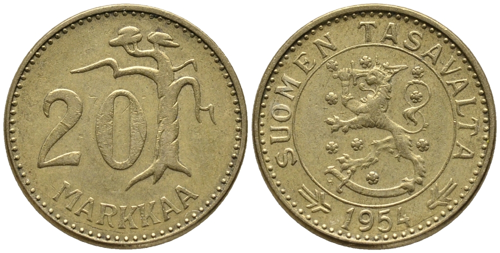 ФИНЛЯНДИЯ 20 МАРОК 1954 KM 39 алюминиевая бронза 34-1055