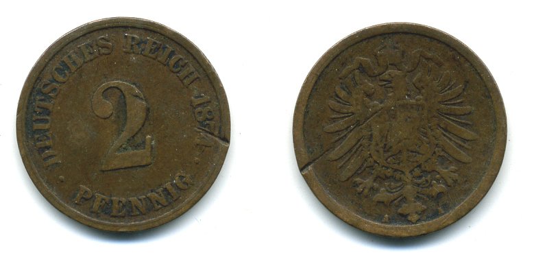 ГЕРМАНИЯ 2 ПФЕННИГА 1874 A, СТАРОГЕРБОВКА KM 2, J.2 медь 54-327