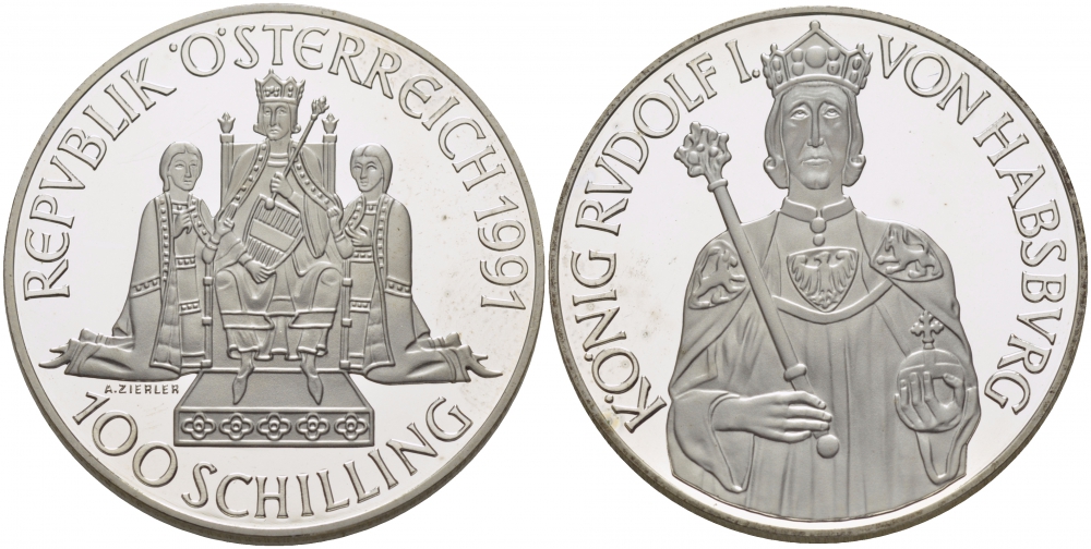 Австрия 100 шиллингов 1991 Рудольф I KM 3001 серебро PROOF 1087-6-42