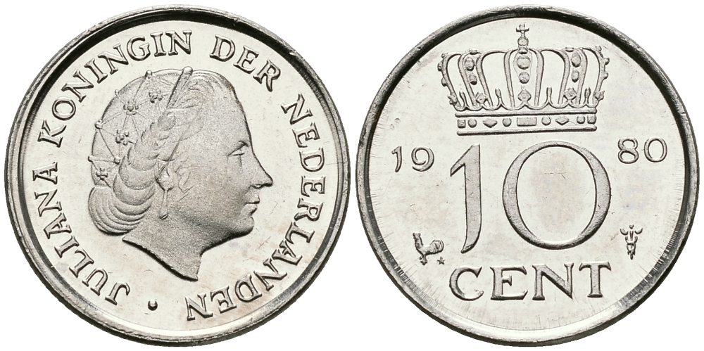 Нидерланды 10 центов 1980 Юлиана (1949-1980) KM 182 никель 96-355
