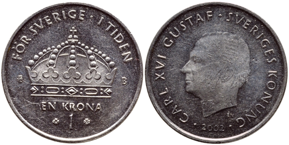 Швеция 1 крона 2002 Карл XVI Густав (1973- ) KM 894 медно-никель 4364-1536