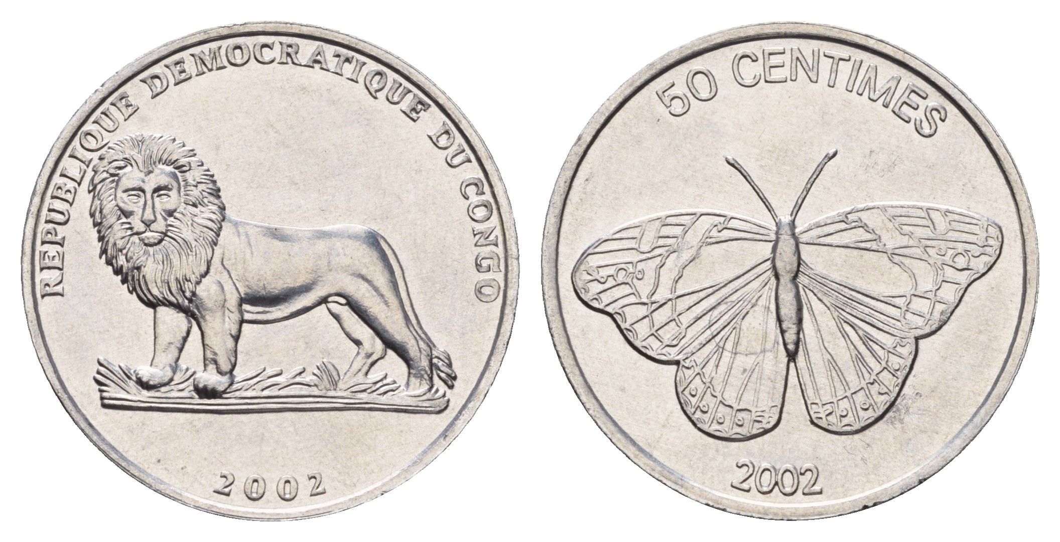 ДР Конго 50 сантимов 2002 Животные - Бабочка KM 80 алюминий UNC 4678-131