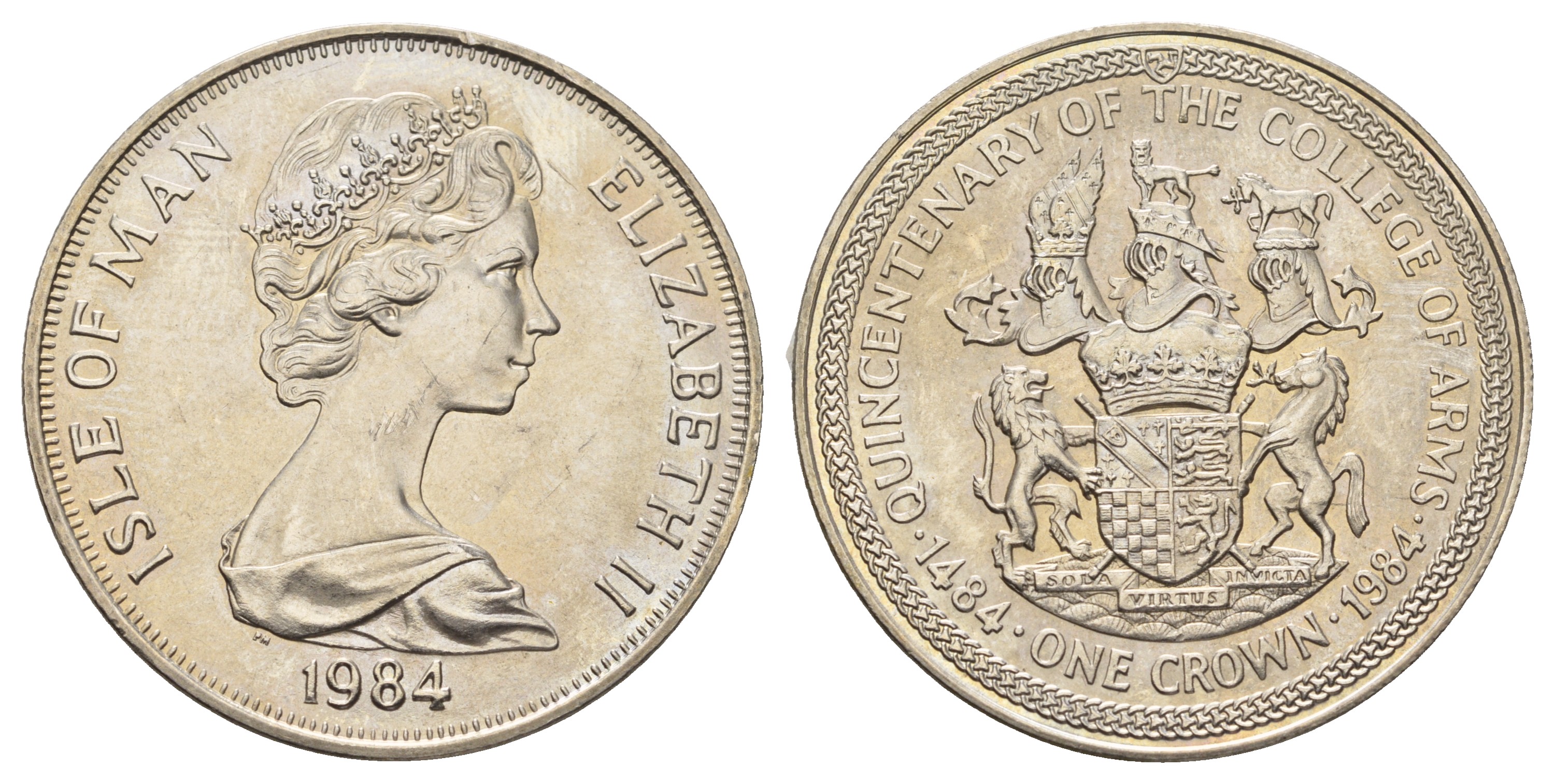 Остров Мэн 1 крона 1984 500 лет колледжу оружейников, геральдическая палата KM 124 медно-никель UNC 4386-131