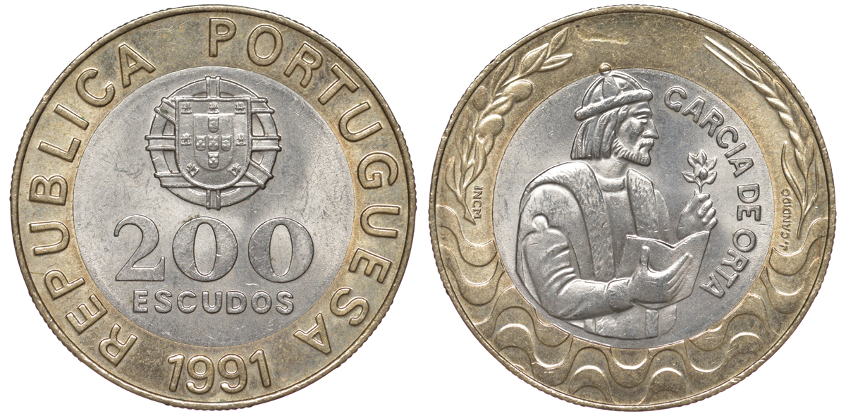Португалия 200 эскудо 1991 Гарсия Де Орта (1501-1568) KM 655 биметалл 4536-123