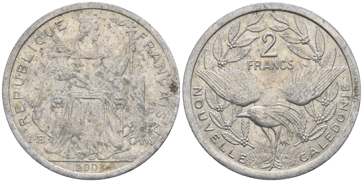 Французская Новая Каледония 2 франка 2003 птица кагу, (IEOM) KM 14, Schoen 11, Lec 68h алюминий    28-852