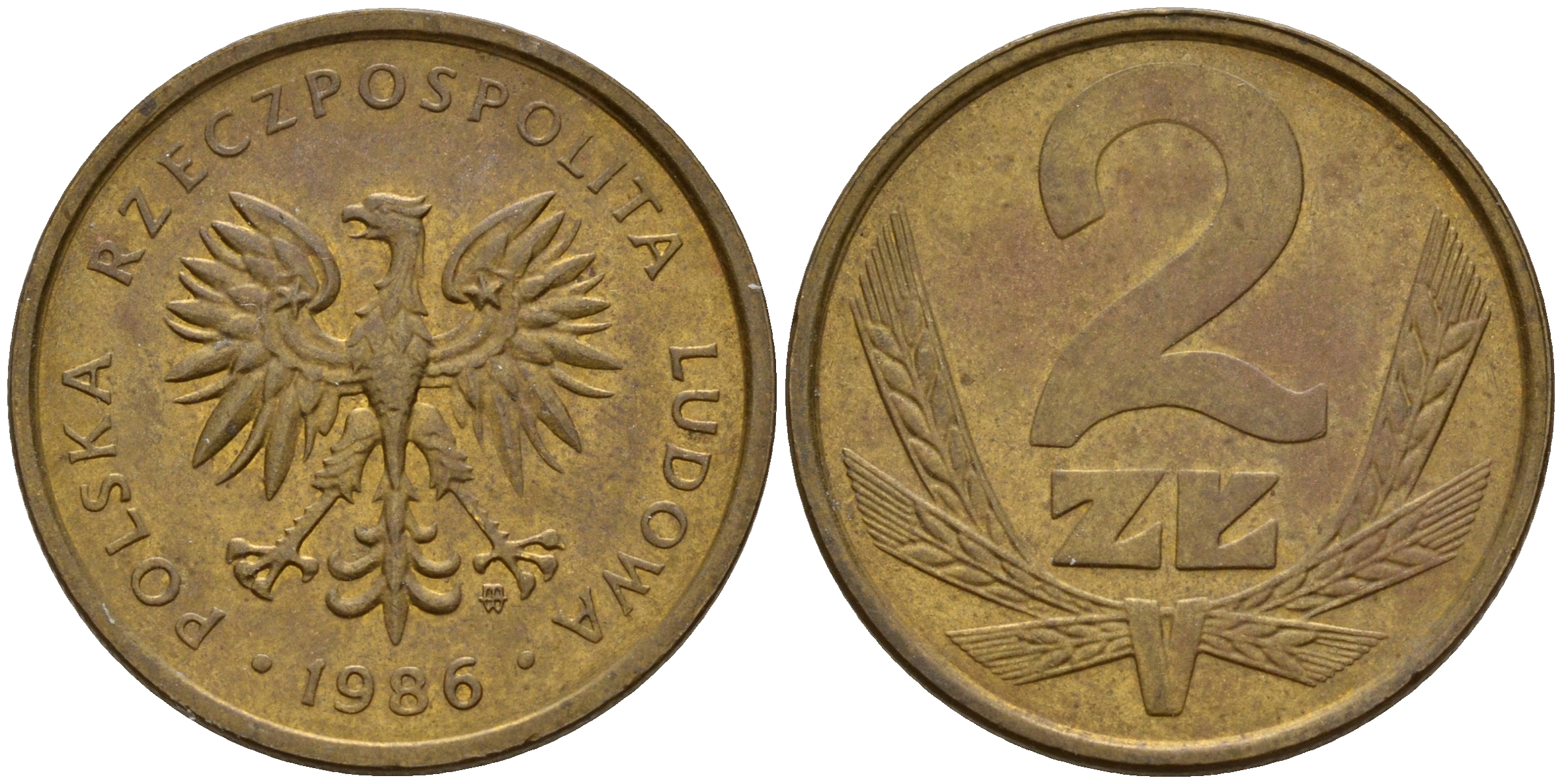 Польша 2 злотых 1986 MW KM 80.2 латунь    4598-1225