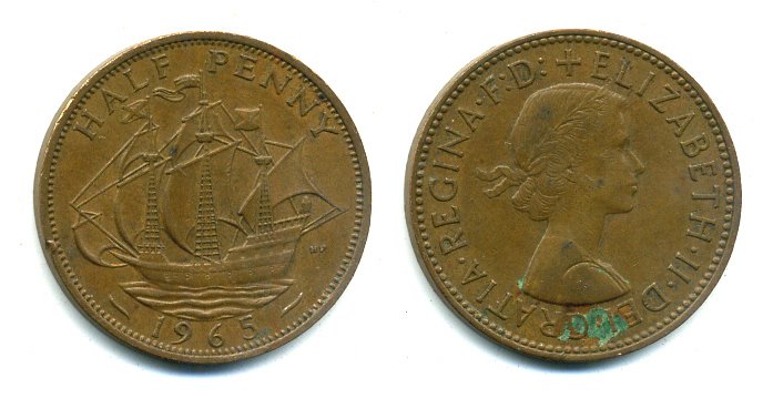 Великобритания 1/2 пенни 1965 Елизавета II (1952-2022) KM 896, Spink 4158 бронза 56-1033