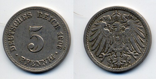 ГЕРМАНИЯ 5 ПФЕННИГОВ 1906 A, KM 11, J. 12 медно-никель 76-223