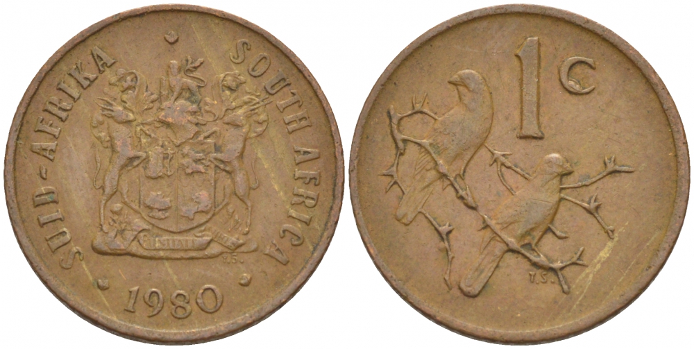 ЮАР 1 ЦЕНТ 1980 ГЕРБ, КАПСКИЕ ВОРОБЬИ KM 82 бронза 3309-615