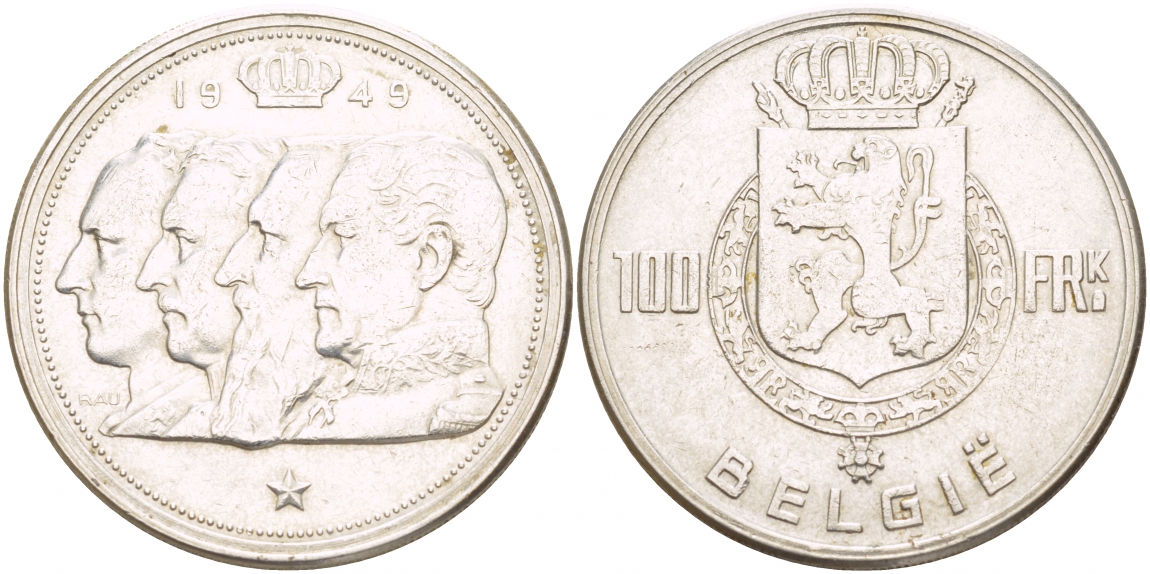 Бельгия 100 франков 1949 Belgie, королевская династия KM 139.1 серебро 4537-925