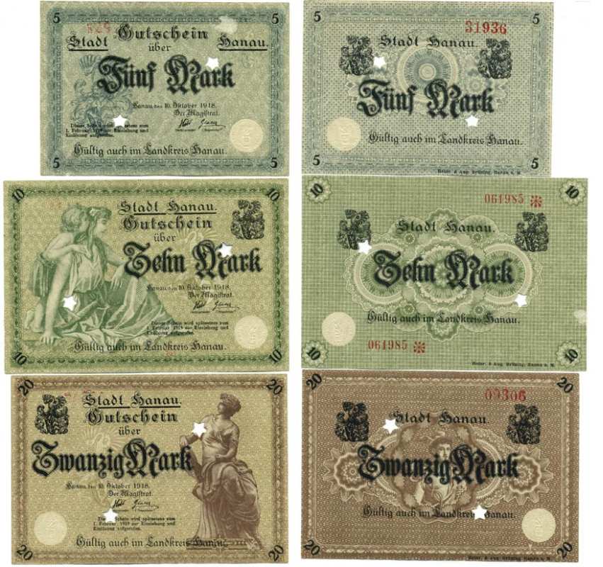 ХАНАУ, ГЕРМАНИЯ НАБОР ИЗ 3 БАНКНОТ 1918-1919 10 ОКТЯБРЯ 1918 - 1 ФЕВРАЛЯ 1919, НОТГЕЛЬД, ЗЕМЛЯ ГЕССЕН (5, 10, 20 МАРОК) Geiger 214.01а, 214.02b, 214.04a бумага аUNC 8613-13-2-2